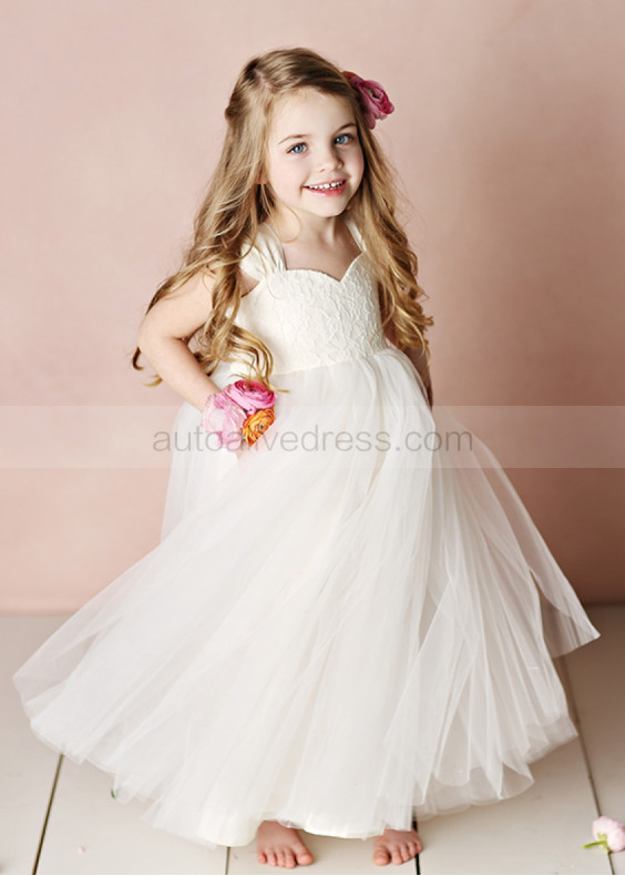 Ivory Lace Tulle Ankle Length Flower Girl Dress Young Girl Dress